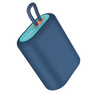 Parlante Bluetooth Hoco BS47 color azul con correa y superficie texturizada, diseño compacto y moderno ideal para exteriores.