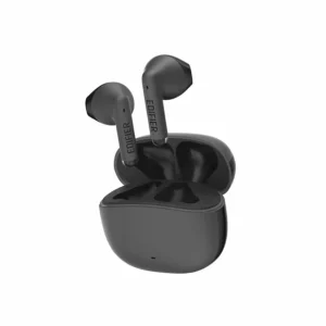 Audífonos Bluetooth Edifier W100T color negro con estuche de carga abierto, diseño ergonómico y moderno.