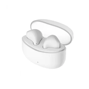 Estuche de carga de los audífonos Edifier W100T color blanco con tapa abierta y auriculares insertados.