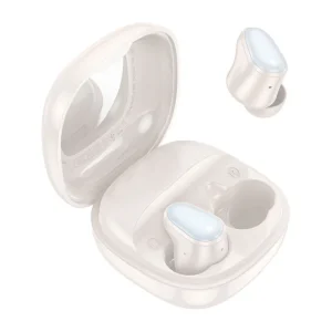 Audífono Bluetooth Hoco EQ13 blanco con estuche de carga abierto y auricular flotante, diseño moderno y elegante.