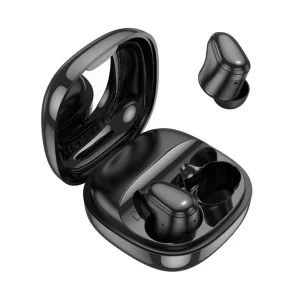 Audífono Bluetooth Hoco EQ13 negro con estuche de carga abierto y auricular visible, acabado brillante.