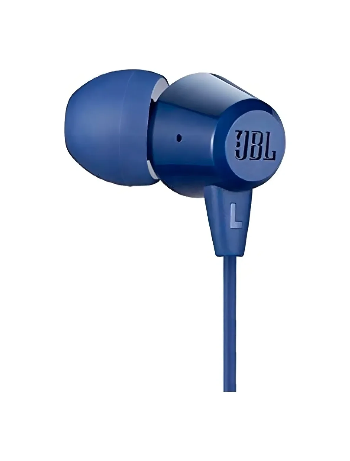 Audífono JBL C50HI azul con cable, vista lateral en fondo blanco, diseño compacto con punta de silicona y detalle de letra L visible.