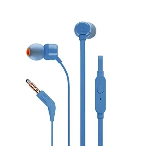 Audífonos JBL Tune 110 azul con conector de 3.5 mm, control de llamadas y micrófono integrado, diseño in-ear con cable plano resistente y punta naranja.
