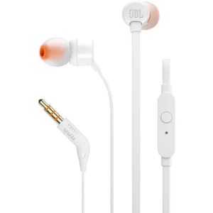 Audífonos JBL Tune 110 color blanco con micrófono y control remoto de un botón, cable plano y diseño ergonómico in-ear.