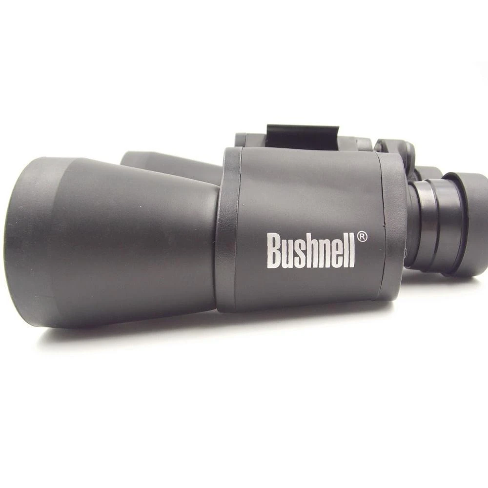 Binocular Bushnell 10x50 color negro con logo lateral, diseño resistente y de alto rendimiento óptico.