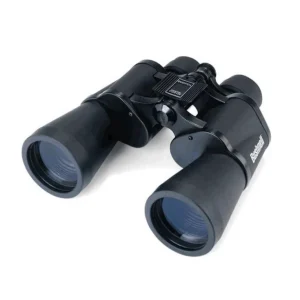 Binocular Bushnell 10x50 en vista diagonal con lentes grandes y cuerpo negro, ideal para observación a larga distancia.