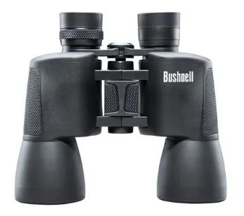 Vista lateral del binocular Bushnell 10x50 mostrando su estructura completa y diseño ergonómico en color negro.
