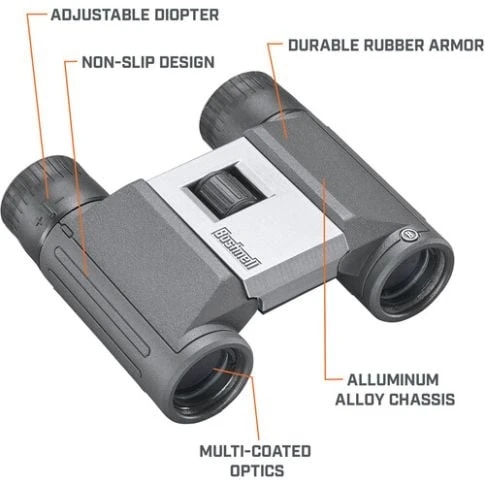 Binocular Bushnell 8x21 con cuerpo de aluminio, ópticas multicapa y diseño antideslizante.