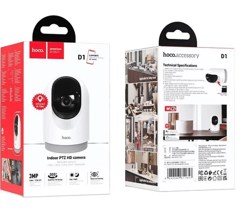 Cámara de seguridad Hoco D1 mostrada en su empaque original color blanco y rojo, con imágenes del producto y especificaciones técnicas visibles.
