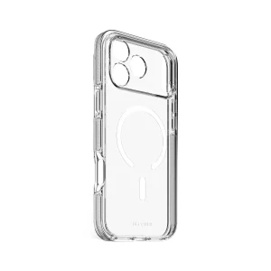 Carcasa Decoded DropTec transparente para iPhone 17 Pro Max vista diagonal, muestra el anillo MagSafe y bordes reforzados para protección.