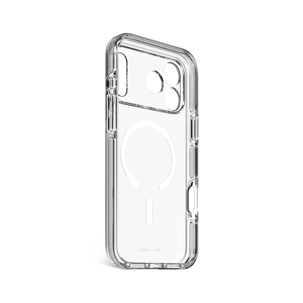 Carcasa Decoded DropTec transparente para iPhone 17 Pro Max vista diagonal, con anillo MagSafe y bordes elevados para protección reforzada.