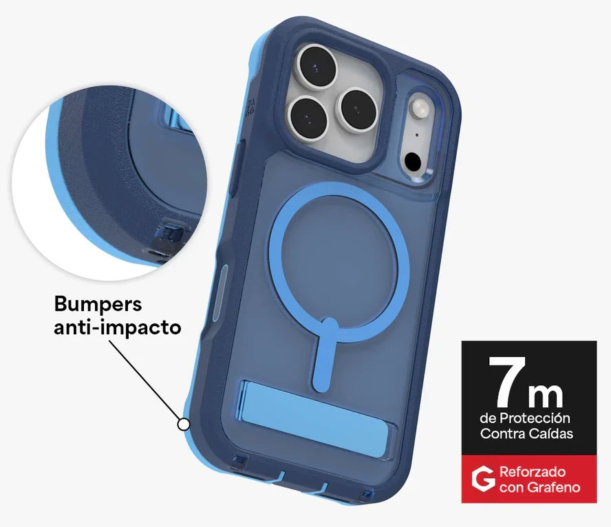 Carcasa Zagg Rainier Snap azul para iPhone 17 Pro Max con refuerzo de grafeno, bumpers anti-impacto y protección contra caídas de hasta 7 metros.