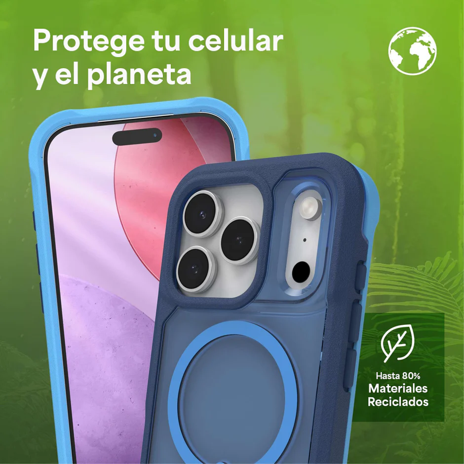 Carcasa protectora Zagg Rainier Snap azul para iPhone 17 Pro Max fabricada con hasta 80% de materiales reciclados, diseño ecológico y protección reforzada.