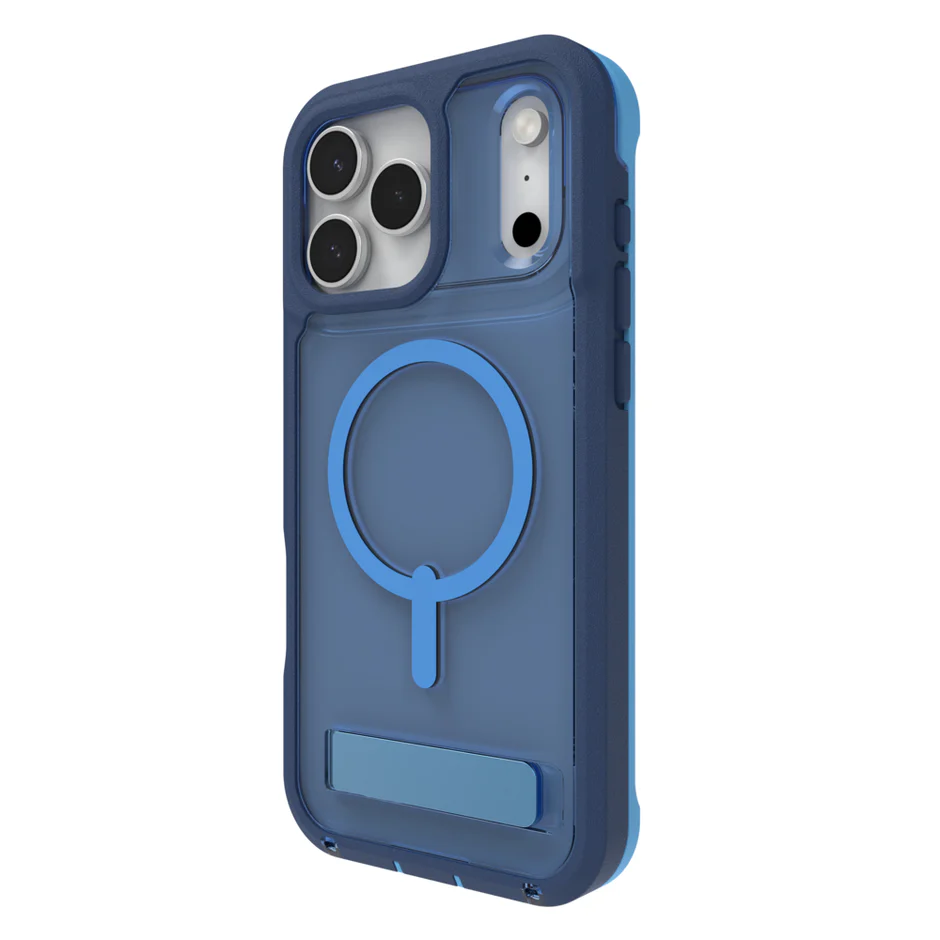 Carcasa protectora Zagg Rainier Snap azul para iPhone 17 Pro Max vista posterior, con soporte plegable integrado y refuerzo de grafeno para máxima protección.