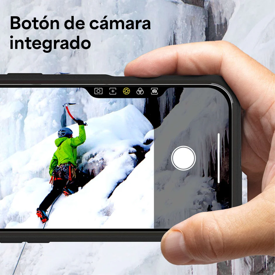 Carcasa protectora Zagg Rainier Snap azul para iPhone 17 Pro Max vista frontal, mostrando el botón de cámara integrado para capturar fotos fácilmente