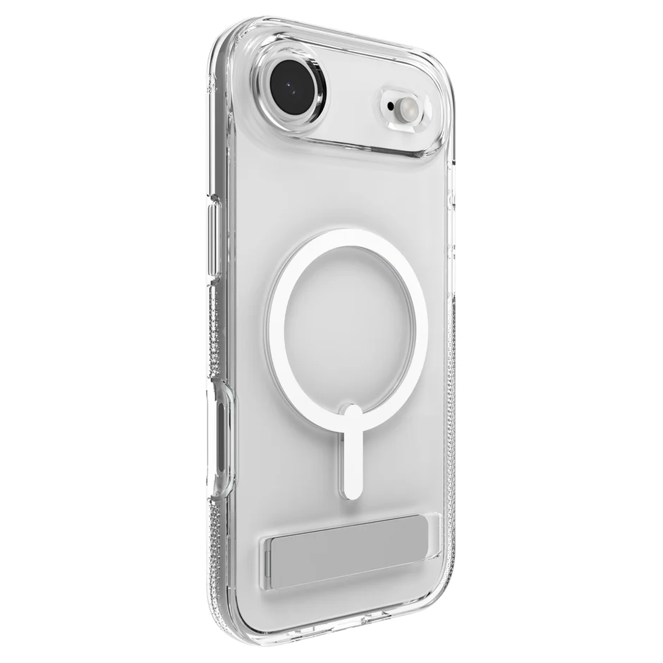 Carcasa Zagg Crystal Palace Snap transparente para iPhone 17 Air vista lateral con diseño reforzado, compatible con MagSafe y soporte integrado.