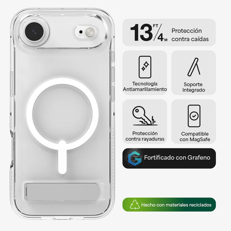 Carcasa Zagg Crystal Palace Snap transparente para iPhone 17 Air con refuerzo de grafeno, soporte integrado y protección contra caídas de hasta 4 metros.