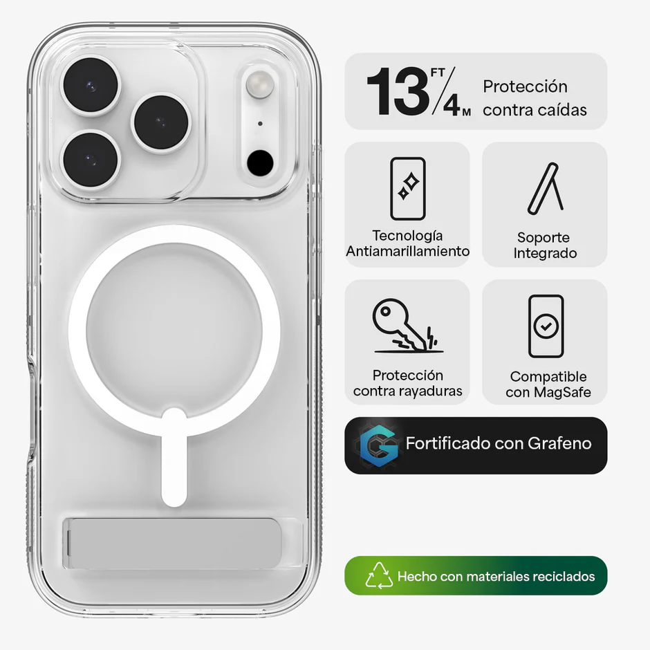 Carcasa Zagg Crystal Palace Snap transparente para iPhone 17 Pro con protección contra caídas de 4 m, grafeno reforzado, soporte integrado y compatibilidad MagSafe.
