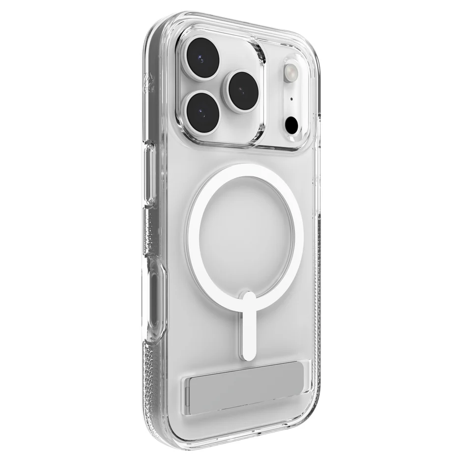 Carcasa Zagg Crystal Palace Snap transparente para iPhone 17 Pro vista lateral, diseño MagSafe con protección anticaídas y acabado brillante.