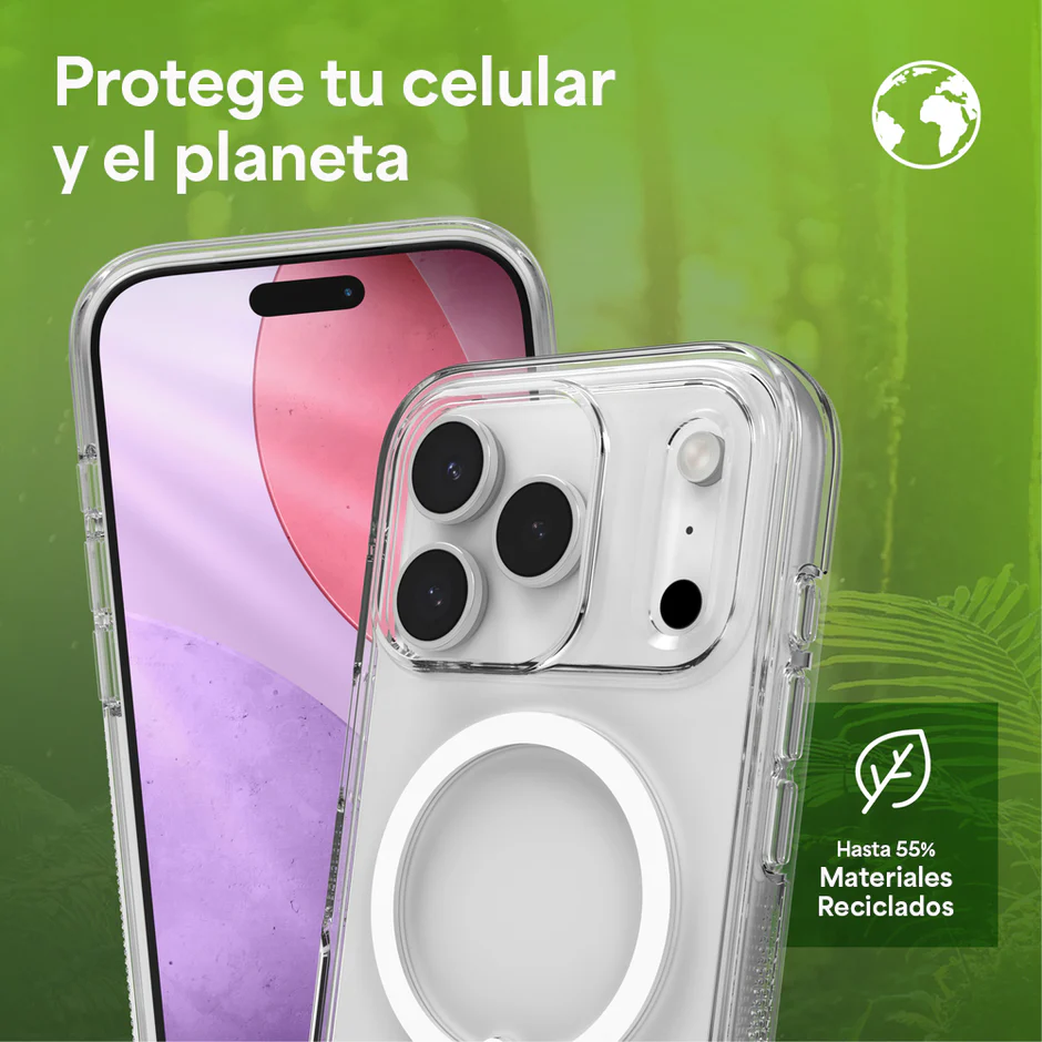 Carcasa Zagg Crystal Palace Snap transparente para iPhone 17 Pro fabricada con hasta 55 % de materiales reciclados, combina protección y sostenibilidad.