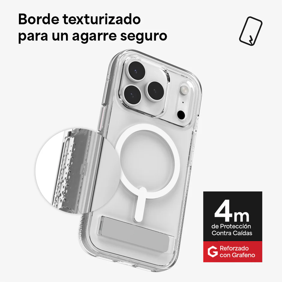 Carcasa Zagg Crystal Palace Snap transparente para iPhone 17 Pro Max con borde texturizado para mejor agarre, refuerzo de grafeno y protección contra caídas.