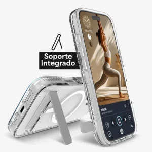 Carcasa Zagg Crystal Palace Snap transparente para iPhone 17 Air con soporte integrado, diseño MagSafe y base plegable ideal para ver videos o videollamadas.