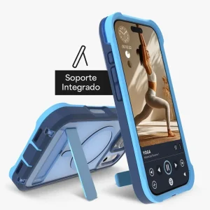 Carcasa Zagg Rainier Snap azul para iPhone 17 Pro Max con soporte integrado y diseño resistente MagSafe, ideal para ver videos en posición horizontal.
