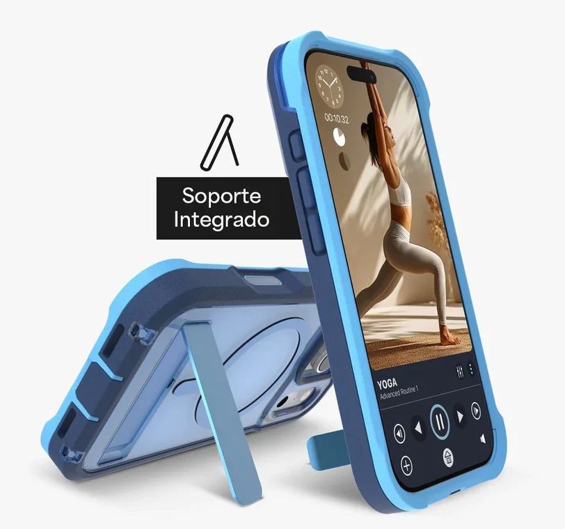 Carcasa Zagg Rainier Snap azul para iPhone 17 Pro Max con soporte integrado y diseño resistente MagSafe, ideal para ver videos en posición horizontal.