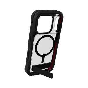 Carcasa Zagg Rainier Snap transparente con bordes negros para iPhone 17 Pro, vista posterior mostrando soporte integrado y diseño reforzado.
