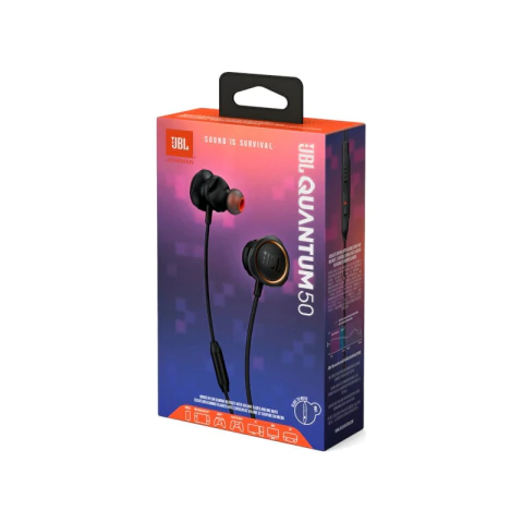 Empaque original de los audífonos gamer JBL Quantum 50 color naranja y morado, con imagen del producto y especificaciones técnicas.