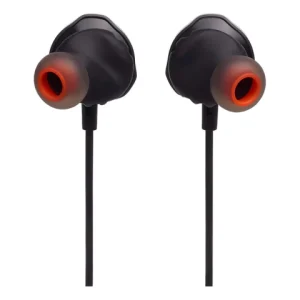 Audífonos gamer JBL Quantum 50 vistos desde atrás, con puntas de silicona color naranja y cable plano antienredo.