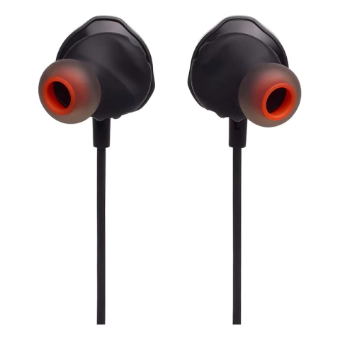 Audífonos gamer JBL Quantum 50 vistos desde atrás, con puntas de silicona color naranja y cable plano antienredo.