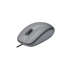 Mouse Logitech M110 Silent color gris visto en ángulo, con cable frontal y diseño simétrico para uso ambidiestro.