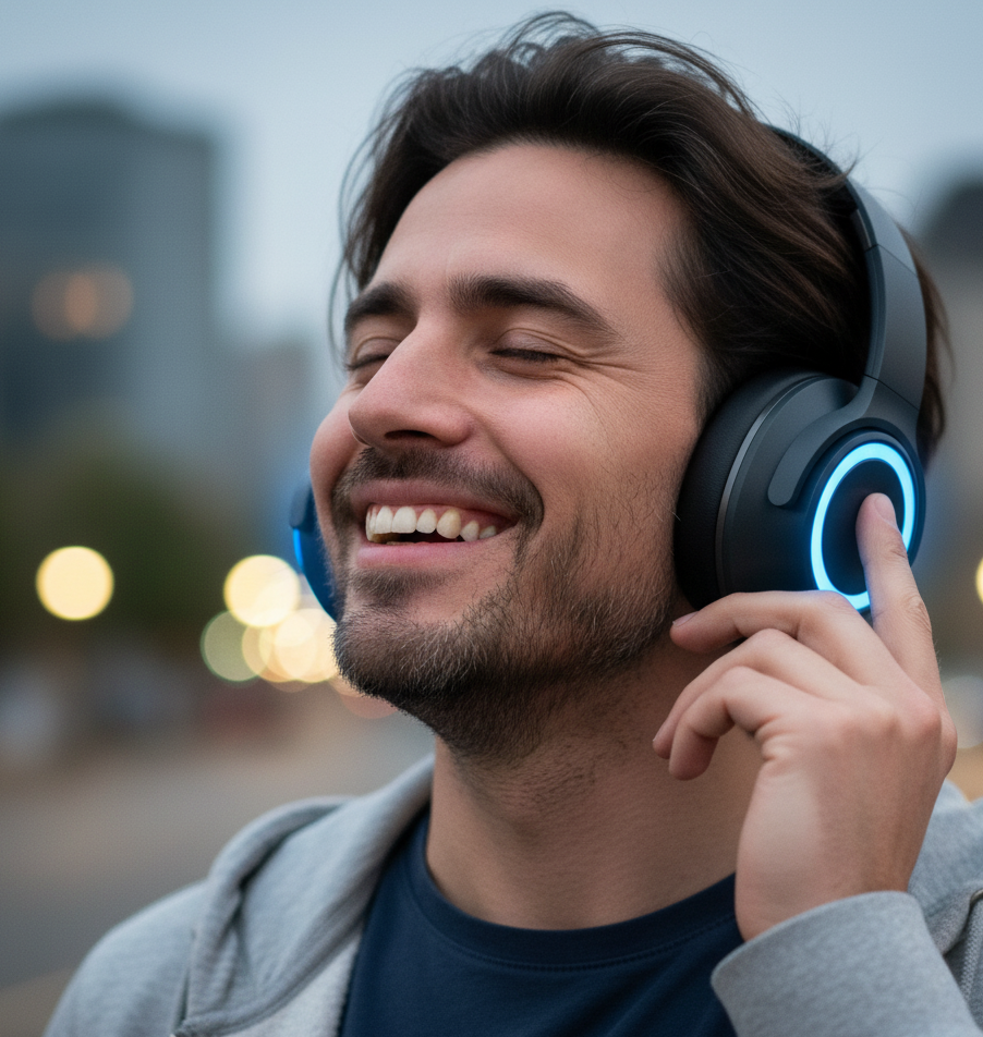 imagen hombre disfrutando de musica con audifonos imagen hombre disfrutando de musica con audifonos de Urban Gadget
