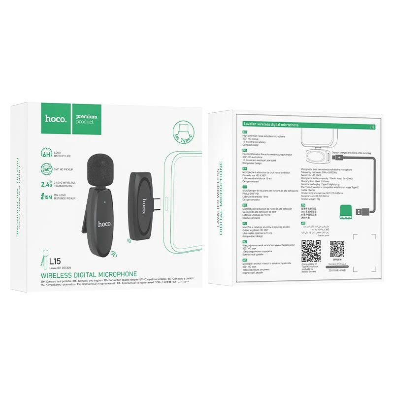 Empaque original del micrófono inalámbrico Hoco L15 con conector Tipo C, mostrando especificaciones técnicas y diseño del producto.