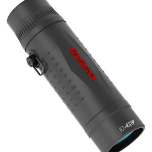 Monocular Tasco 10x25 compacto en color negro visto en ángulo diagonal, con textura antideslizante y logotipo rojo en el lateral.