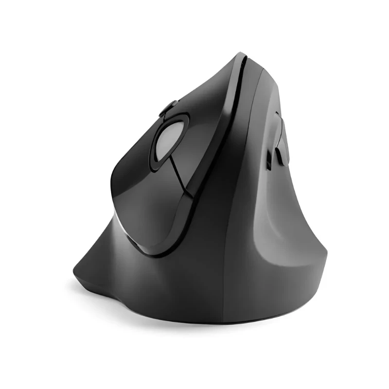 Mouse vertical ergonómico inalámbrico color negro visto de lado, mostrando su forma anatómica y botones laterales.
