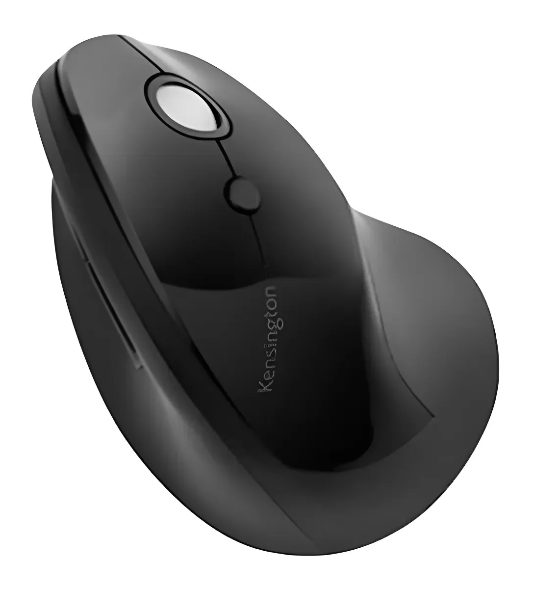 Mouse vertical ergonómico Kensington inalámbrico color negro visto desde arriba, con diseño curvo y acabado brillante.
