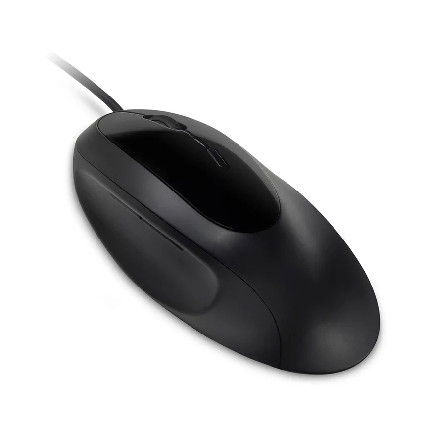 Mouse ergonómico Kensington negro con diseño vertical y cableado, ideal para reducir la tensión de la muñeca.
