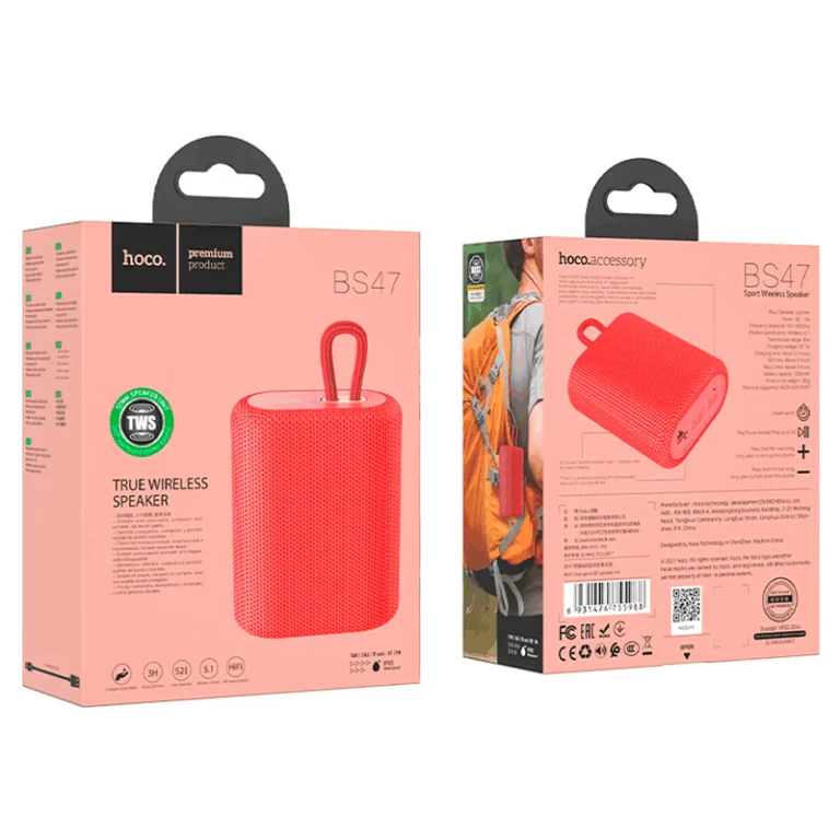 Caja del parlante inalámbrico Hoco BS47 color rojo, con diseño compacto y gancho superior para transporte fácil.