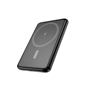 Power Bank Hoco J140a negro, vista frontal con anillo de carga inalámbrica y puerto inferior visible, diseño elegante con margen blanco uniforme