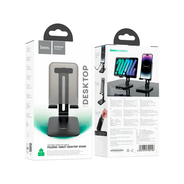 Caja del soporte de mesa Hoco HD1 mostrando diseño ajustable y compatibilidad con tablets y teléfonos móviles.