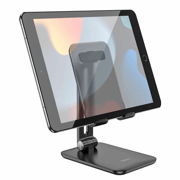 Soporte Hoco HD1 sosteniendo tablet en posición horizontal sobre escritorio, ideal para trabajo o entretenimiento.