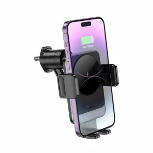Soporte Hoco HW13 sujetando teléfono con carga activa, diseño compacto y pinza ajustable para ventilación de auto.