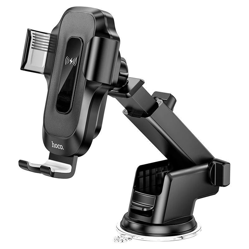 Soporte inalámbrico Hoco HW3 vista frontal, con diseño ajustable, ventosa de sujeción y base de carga rápida para teléfonos inteligentes.