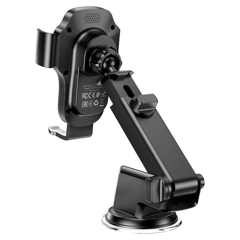 Vista trasera del soporte vehicular Hoco HW3 con brazo ajustable y ventosa de fijación, diseñado para carga inalámbrica y estabilidad en el automóvil.