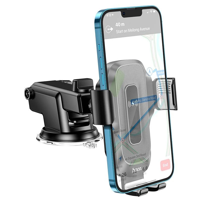 Soporte vehicular inalámbrico Hoco HW3 con base ajustable y carga rápida para smartphone, compatible con navegación y uso seguro en el automóvil