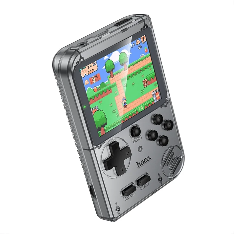 Consola retro portátil Hoco GA40 transparente con videojuego de aventura pixel art en pantalla