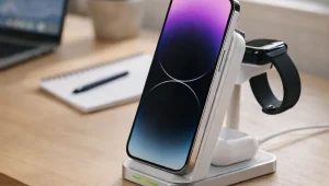 Cargador inalámbrico de escritorio con smartphone en carga vertical y reloj inteligente en soporte lateral sobre escritorio de madera